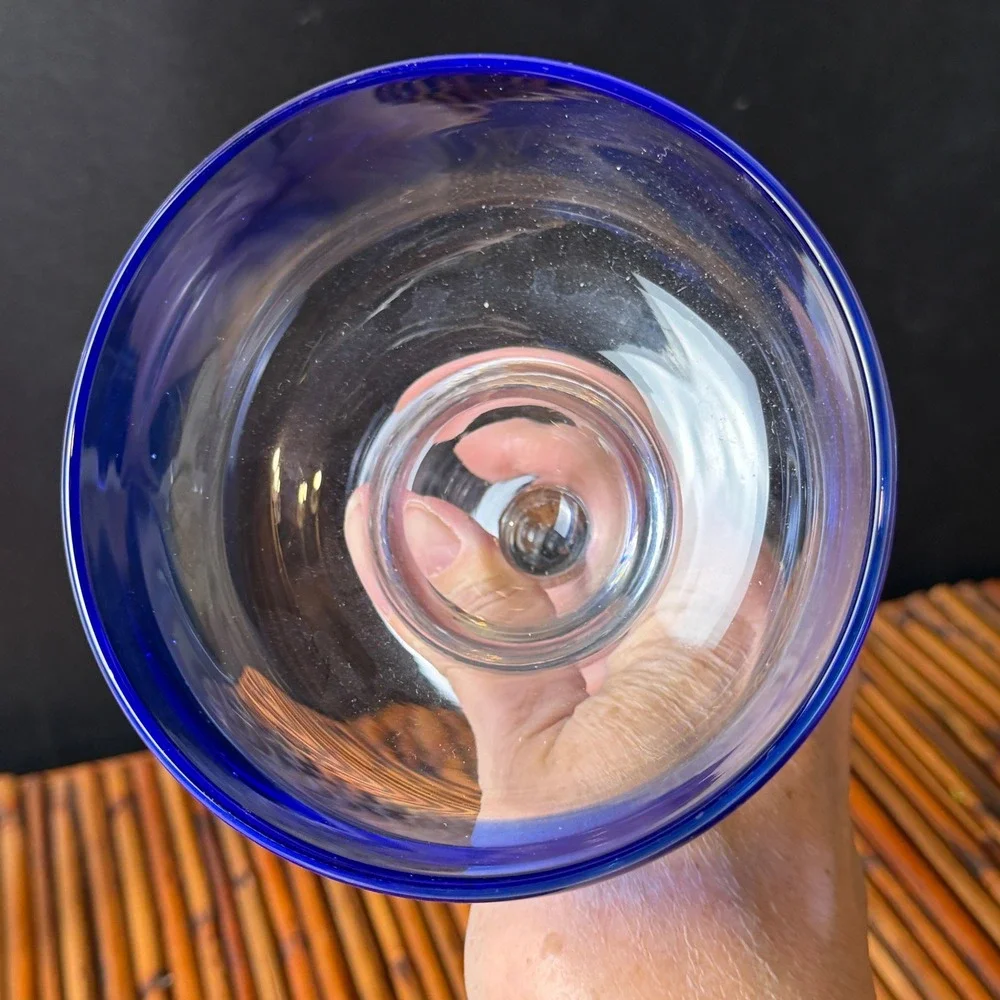 3 qty Mexican Hand Blown Margarita Glasses Cobalt Blue Rim‎ Summer Party taco